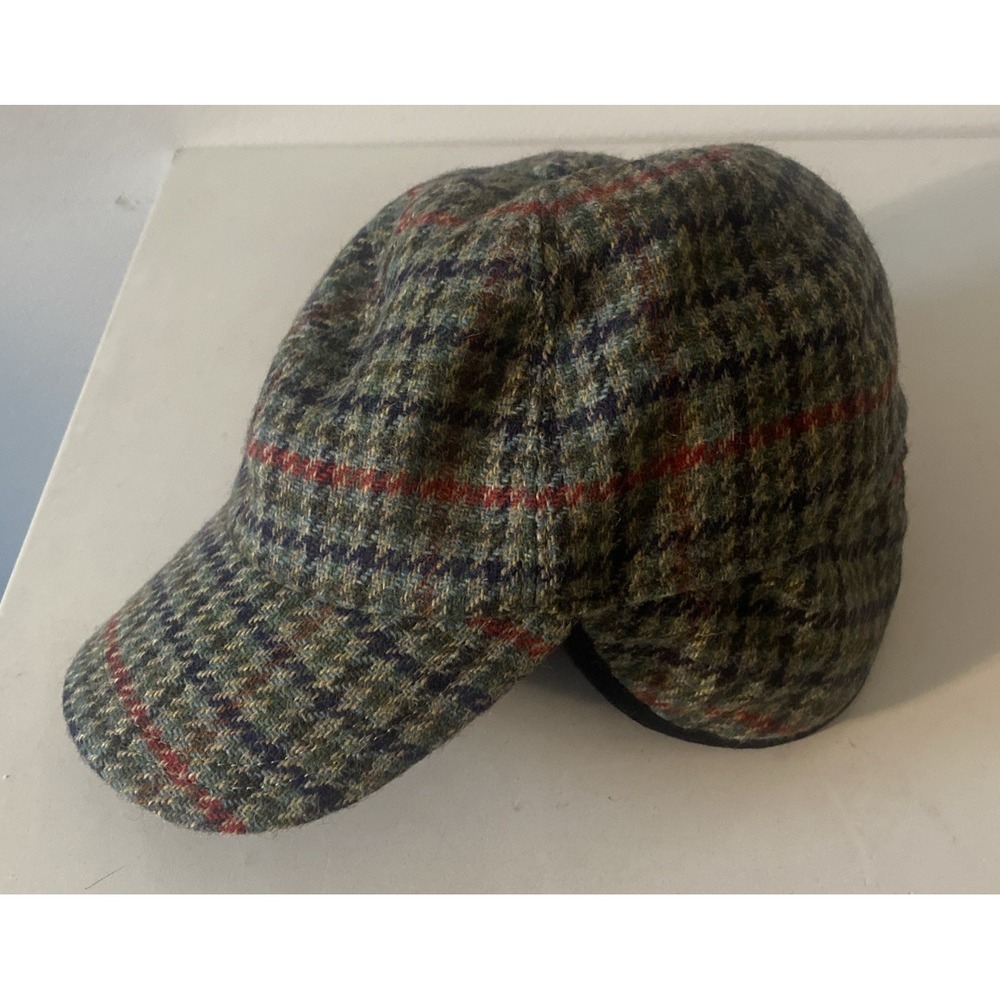John Hanly Ireland Baseball Cap Hat Wool Ear Flap 7 3/8  Green Blue Herringbone